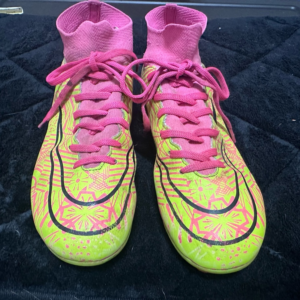 Vibrant Pink & Neon Green Soccer Cleats
